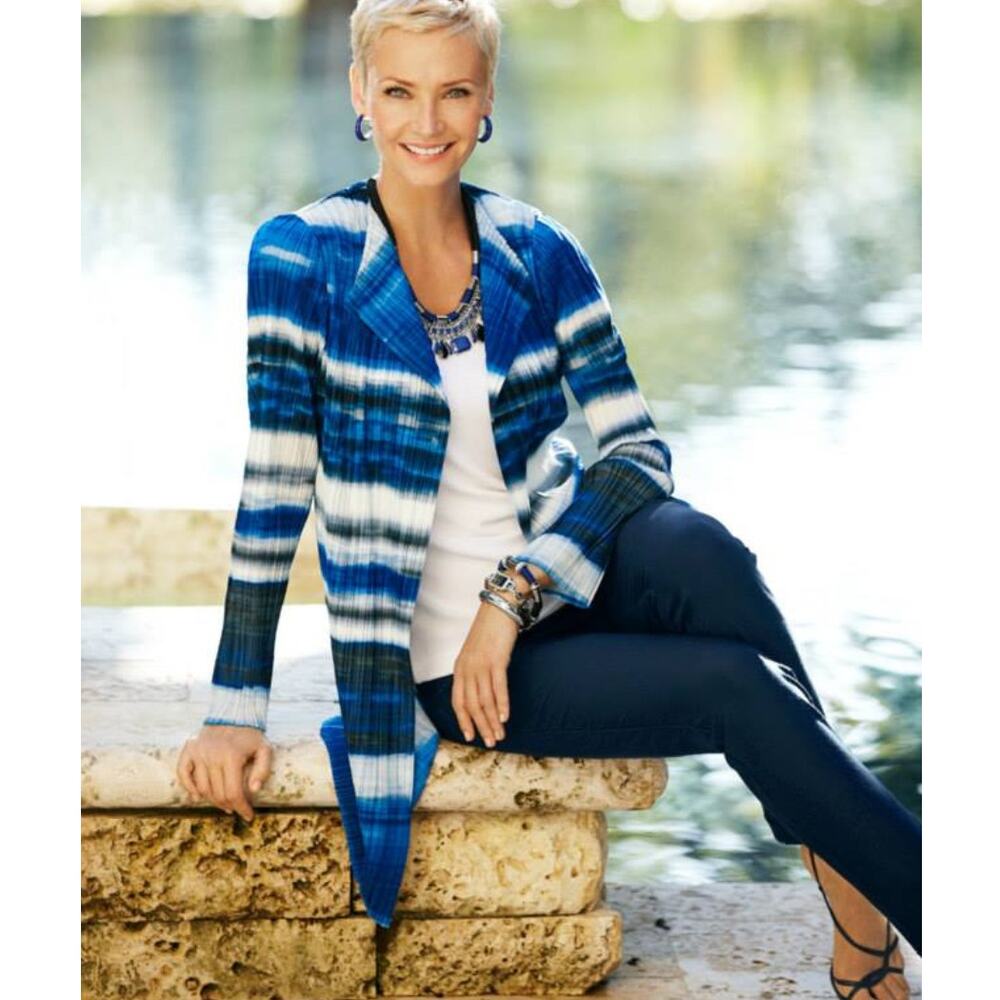 Chico's Collection Ocean Stripe Open Jacket Size 2 (Womens Large) Crinkled Open